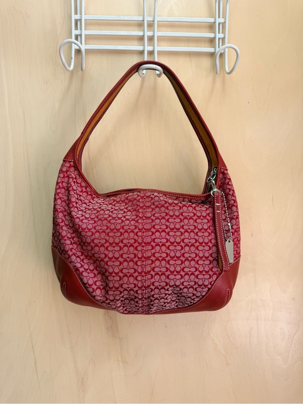 Coach y2k Red Signature Canvas Hobo Bag with Leather Accents